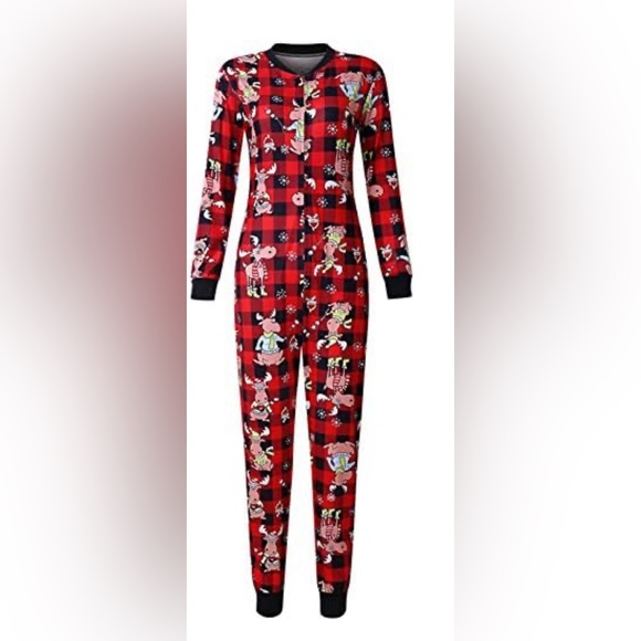 Moose Holiday Back PJ’s "Don't moose with me" Onsie Pajama Plaid Red - Picture 2 of 11